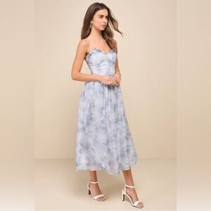 Graceful Simplicity Blue Floral Print Bustier Midi Dress